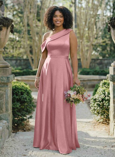 A-Line Asymmetrical Sleeveless Floor-Length Satin Bridesmaid Dresses