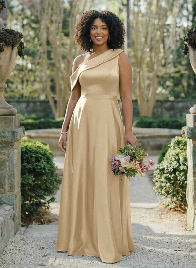 A-Line Asymmetrical Sleeveless Floor-Length Satin Bridesmaid Dresses