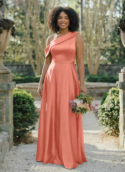 A-Line Asymmetrical Sleeveless Floor-Length Satin Bridesmaid Dresses