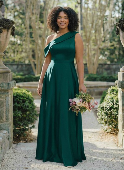 A-Line Asymmetrical Sleeveless Floor-Length Satin Bridesmaid Dresses
