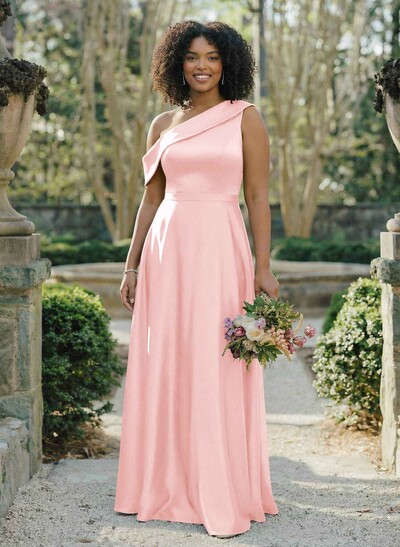 A-Line Asymmetrical Sleeveless Floor-Length Satin Bridesmaid Dresses