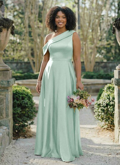 A-Line Asymmetrical Sleeveless Floor-Length Satin Bridesmaid Dresses