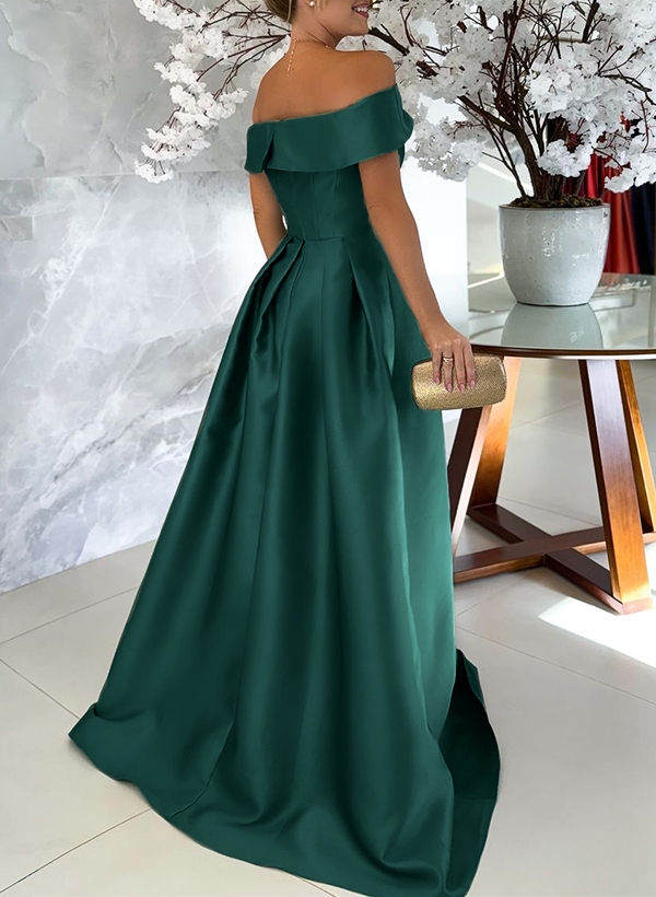 A-Line Off-The-Shoulder Floor-Length Satin Bridesmaid Dresses With Split Front