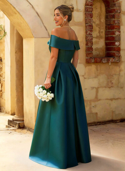 A-Line Off-The-Shoulder Floor-Length Satin Bridesmaid Dresses With Split Front