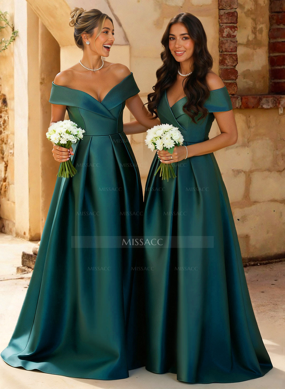 A-Line Off-The-Shoulder Floor-Length Satin Bridesmaid Dresses With Split Front