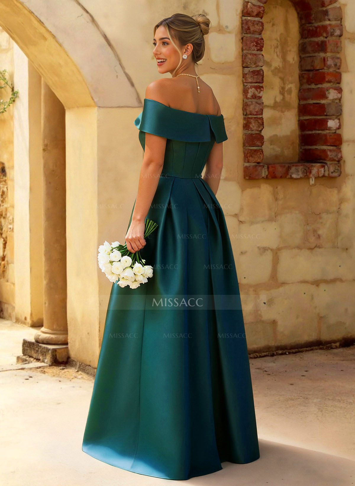 A-Line Off-The-Shoulder Floor-Length Satin Bridesmaid Dresses With Split Front
