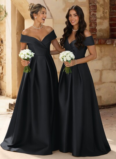 A-Line Off-The-Shoulder Floor-Length Satin Bridesmaid Dresses With Split Front