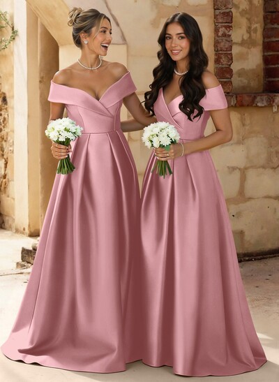 A-Line Off-The-Shoulder Floor-Length Satin Bridesmaid Dresses With Split Front