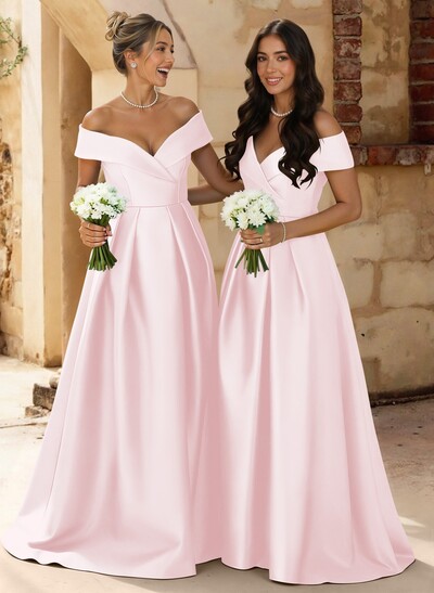 A-Line Off-The-Shoulder Floor-Length Satin Bridesmaid Dresses With Split Front
