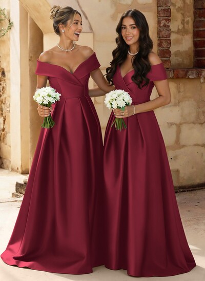A-Line Off-The-Shoulder Floor-Length Satin Bridesmaid Dresses With Split Front