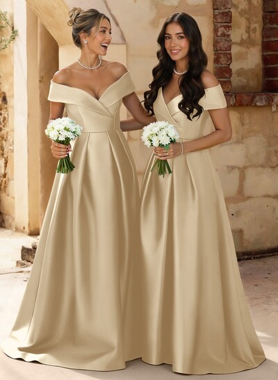 A-Line Off-The-Shoulder Floor-Length Satin Bridesmaid Dresses With Split Front