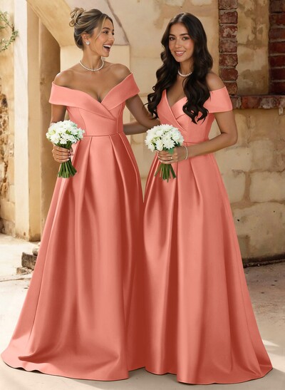 A-Line Off-The-Shoulder Floor-Length Satin Bridesmaid Dresses With Split Front