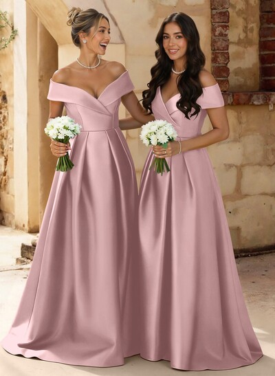 A-Line Off-The-Shoulder Floor-Length Satin Bridesmaid Dresses With Split Front