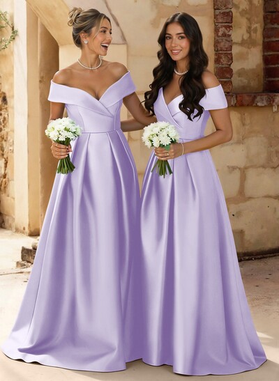 A-Line Off-The-Shoulder Floor-Length Satin Bridesmaid Dresses With Split Front