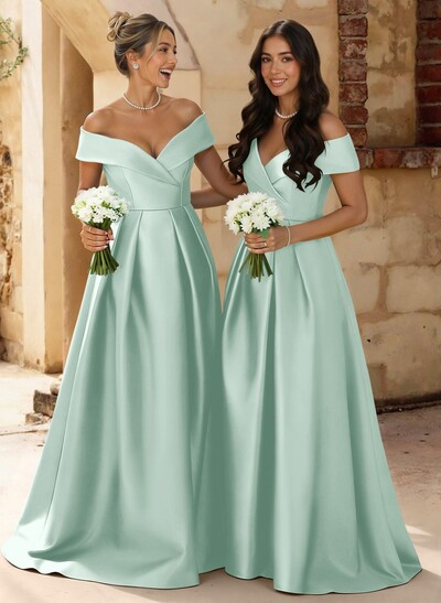 A-Line Off-The-Shoulder Floor-Length Satin Bridesmaid Dresses With Split Front