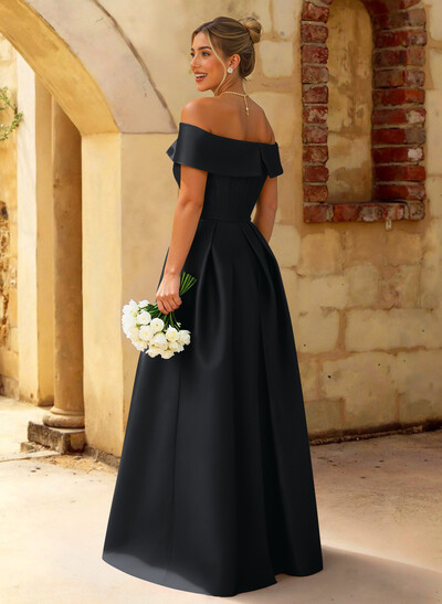 A-Line Off-The-Shoulder Floor-Length Satin Bridesmaid Dresses With Split Front