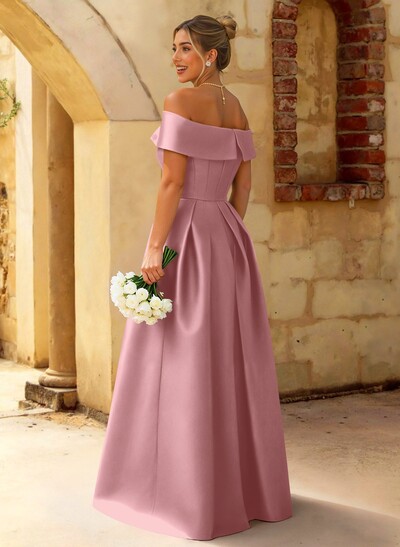 A-Line Off-The-Shoulder Floor-Length Satin Bridesmaid Dresses With Split Front