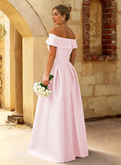 A-Line Off-The-Shoulder Floor-Length Satin Bridesmaid Dresses With Split Front