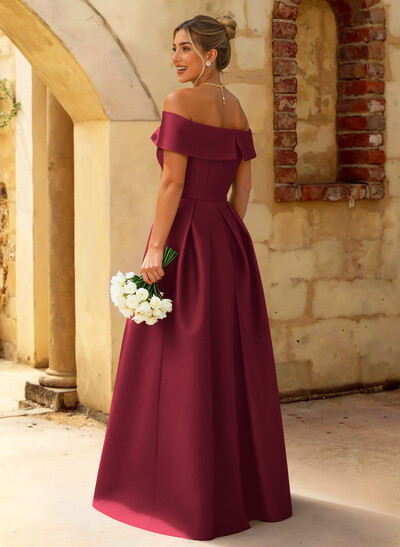 A-Line Off-The-Shoulder Floor-Length Satin Bridesmaid Dresses With Split Front