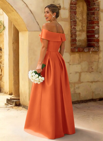 A-Line Off-The-Shoulder Floor-Length Satin Bridesmaid Dresses With Split Front