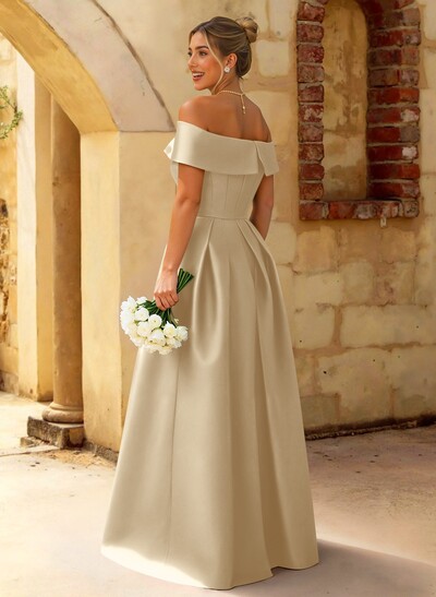 A-Line Off-The-Shoulder Floor-Length Satin Bridesmaid Dresses With Split Front