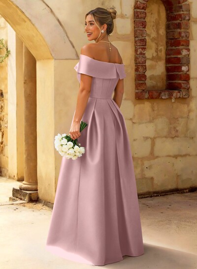 A-Line Off-The-Shoulder Floor-Length Satin Bridesmaid Dresses With Split Front