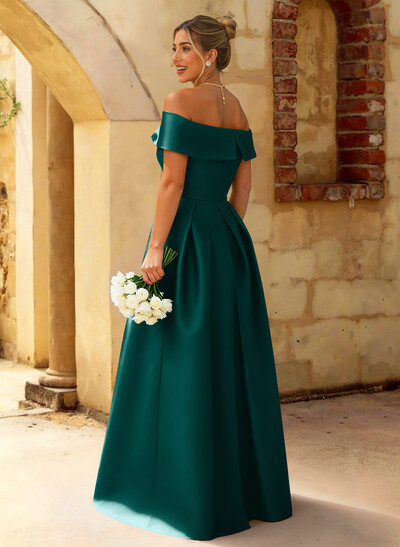 A-Line Off-The-Shoulder Floor-Length Satin Bridesmaid Dresses With Split Front