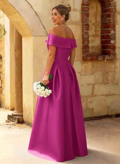 A-Line Off-The-Shoulder Floor-Length Satin Bridesmaid Dresses With Split Front