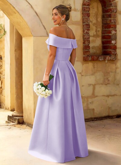 A-Line Off-The-Shoulder Floor-Length Satin Bridesmaid Dresses With Split Front