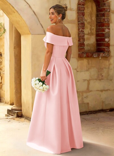 A-Line Off-The-Shoulder Floor-Length Satin Bridesmaid Dresses With Split Front