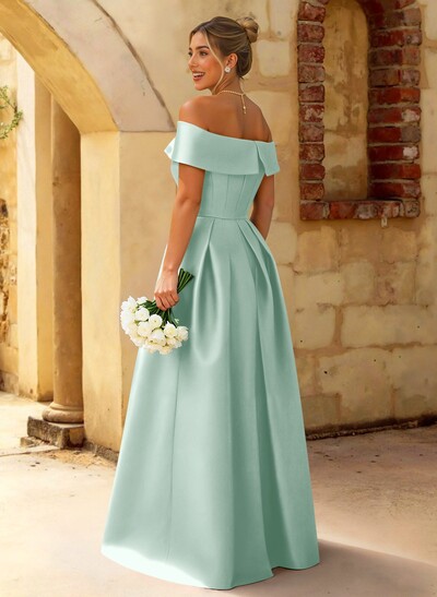 A-Line Off-The-Shoulder Floor-Length Satin Bridesmaid Dresses With Split Front