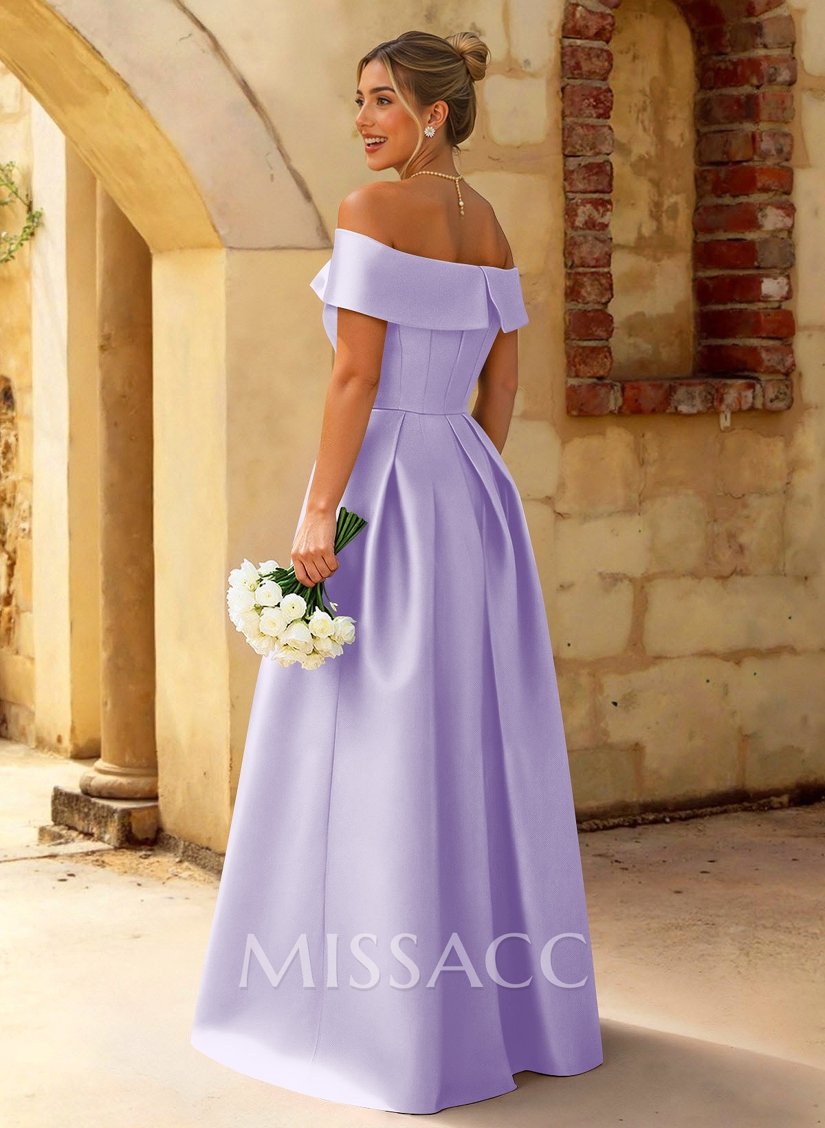 A-Line Off-The-Shoulder Floor-Length Satin Bridesmaid Dresses With Split Front A-Line Off-The-Shoulder Floor-Length Satin Bridesmaid Dresses With Split Front