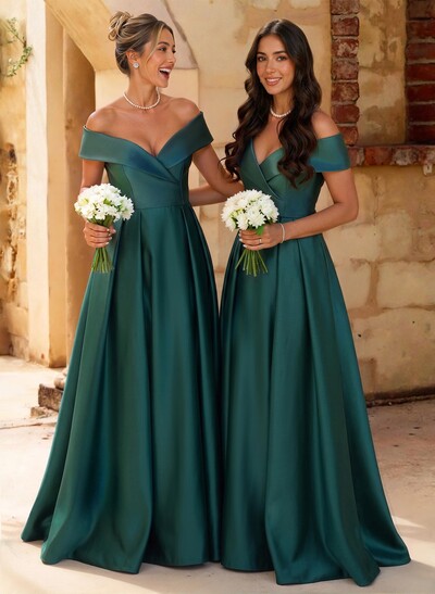 A-Line Off-The-Shoulder Floor-Length Satin Bridesmaid Dresses With Split Front