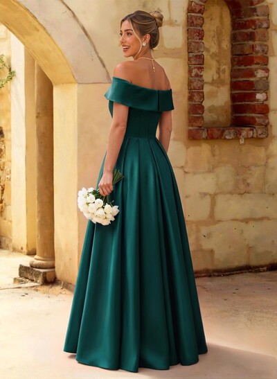 A-Line Off-The-Shoulder Floor-Length Satin Bridesmaid Dresses With Split Front