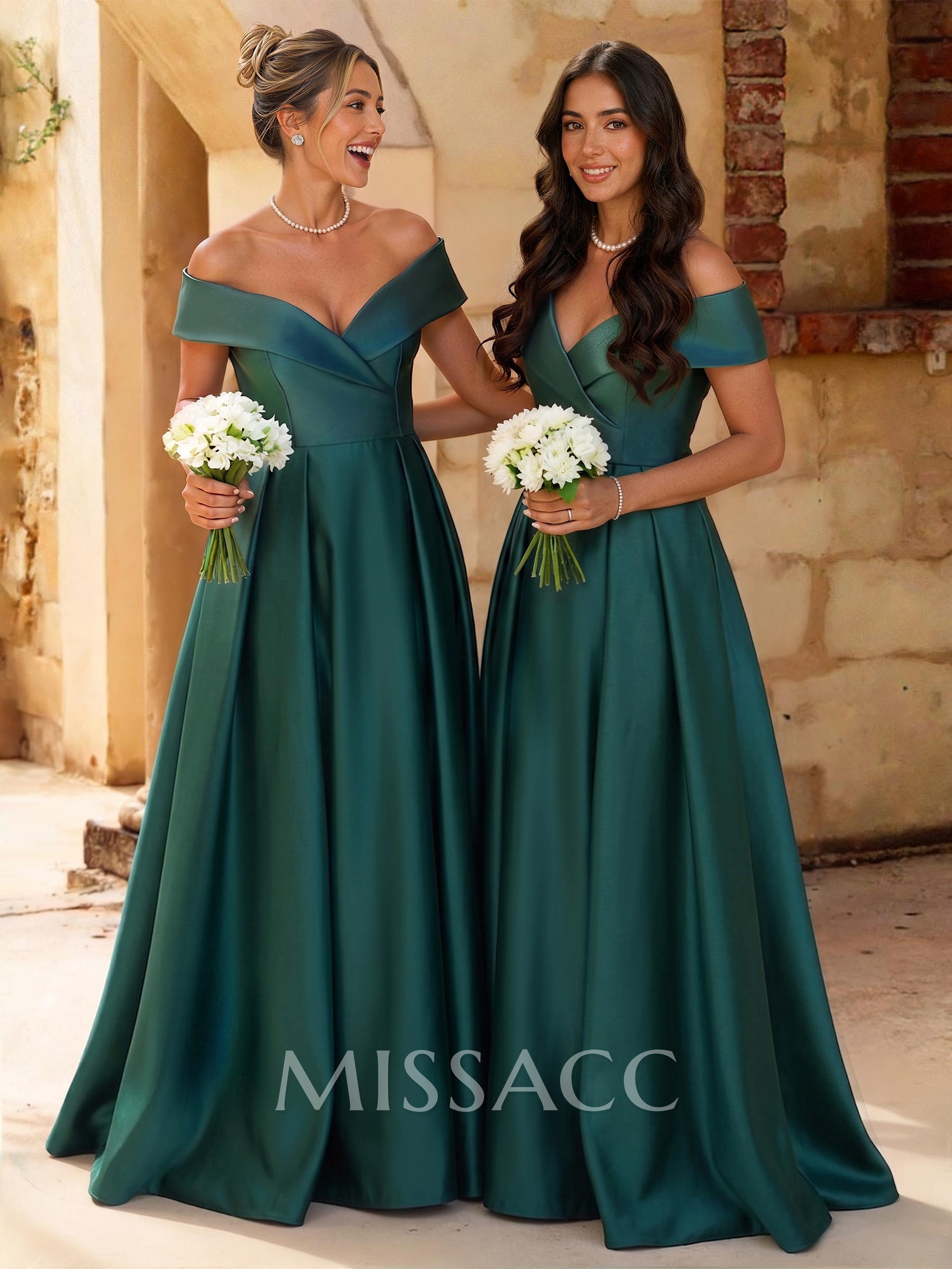 A-Line Off-The-Shoulder Floor-Length Satin Bridesmaid Dresses With Split Front