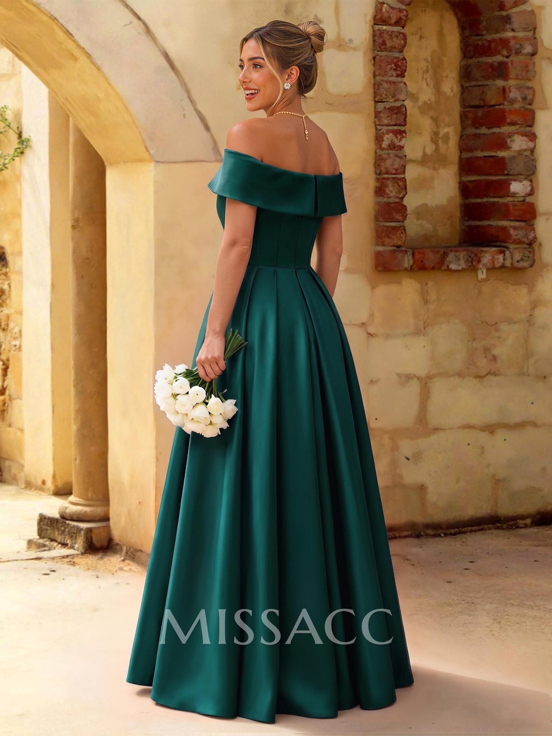 A-Line Off-The-Shoulder Floor-Length Satin Bridesmaid Dresses With Split Front