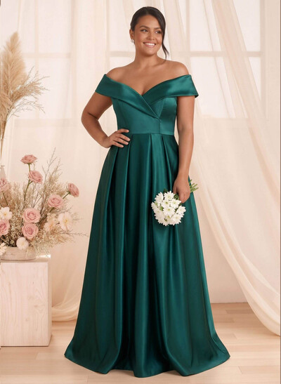 A-Line Off-The-Shoulder Floor-Length Satin Bridesmaid Dresses With Split Front