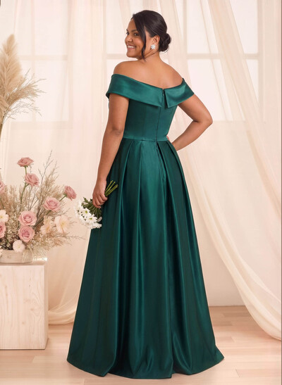 A-Line Off-The-Shoulder Floor-Length Satin Bridesmaid Dresses With Split Front