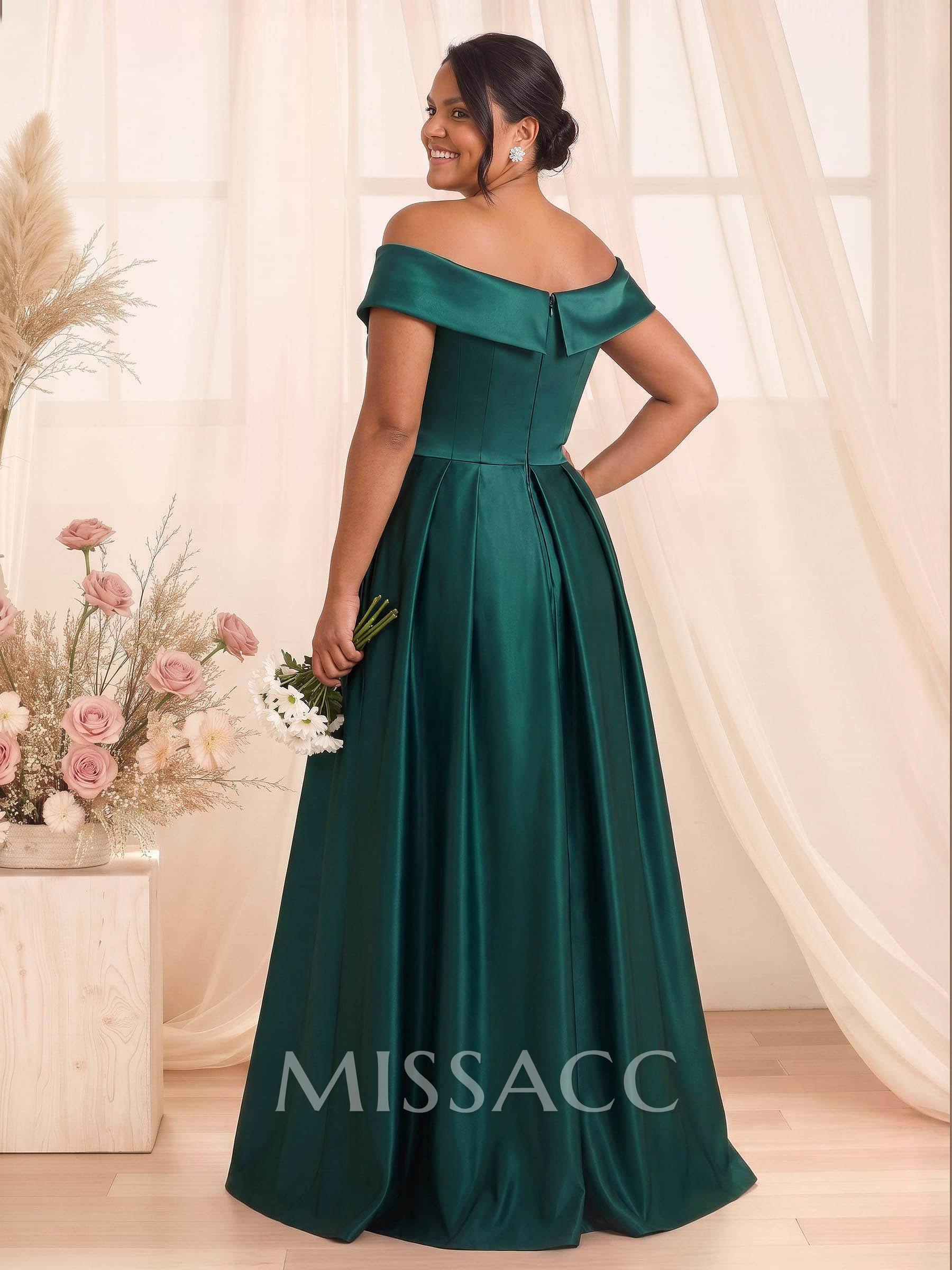A-Line Off-The-Shoulder Floor-Length Satin Bridesmaid Dresses With Split Front