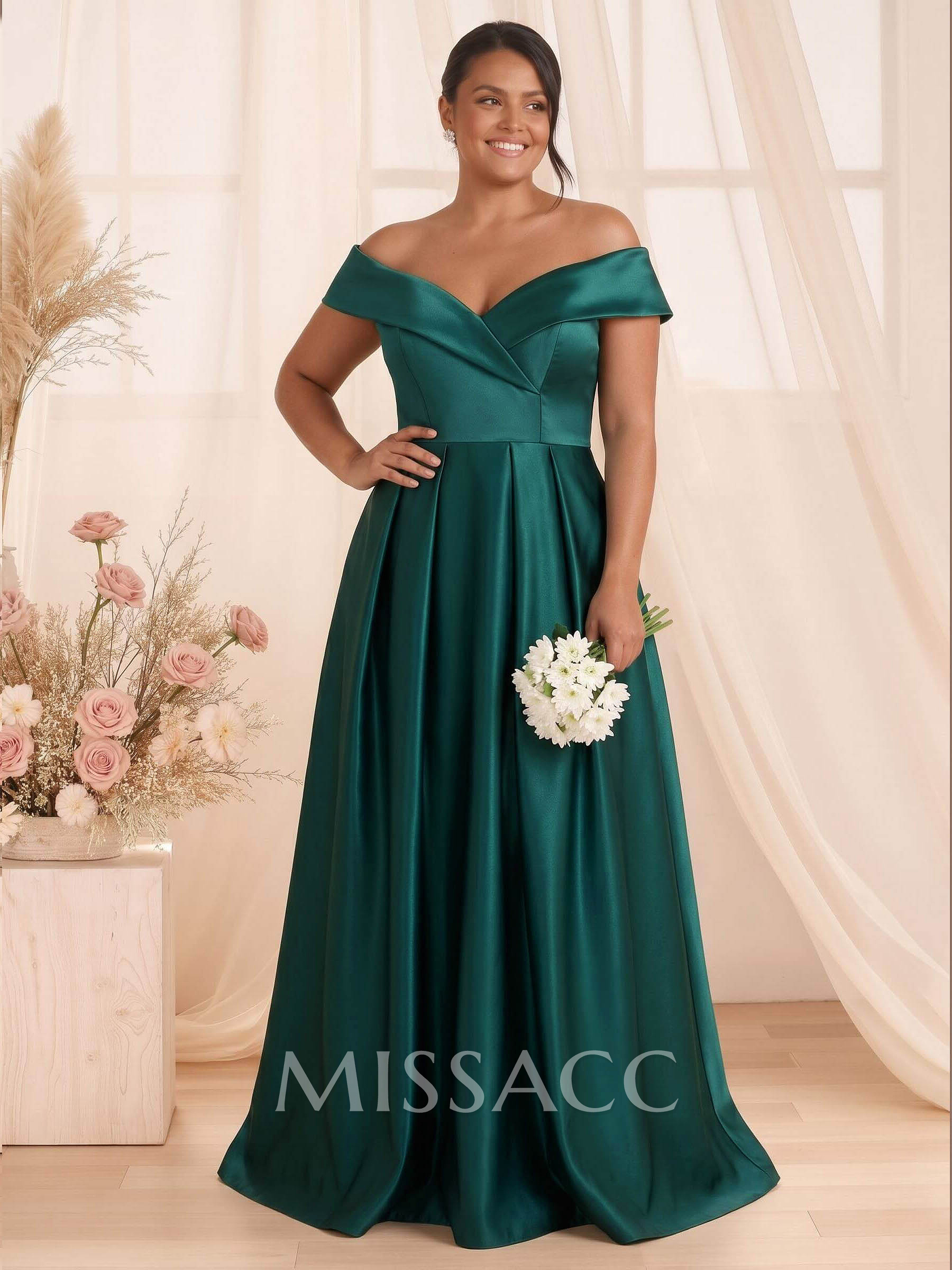A-Line Off-The-Shoulder Floor-Length Satin Bridesmaid Dresses With Split Front