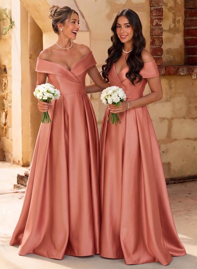 A-Line Off-The-Shoulder Floor-Length Satin Bridesmaid Dresses With Split Front
