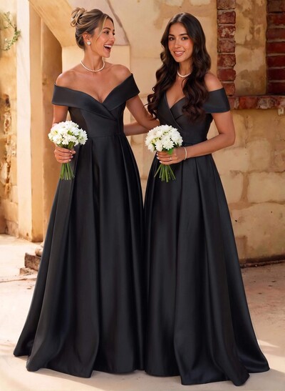 A-Line Off-The-Shoulder Floor-Length Satin Bridesmaid Dresses With Split Front