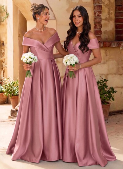 A-Line Off-The-Shoulder Floor-Length Satin Bridesmaid Dresses With Split Front