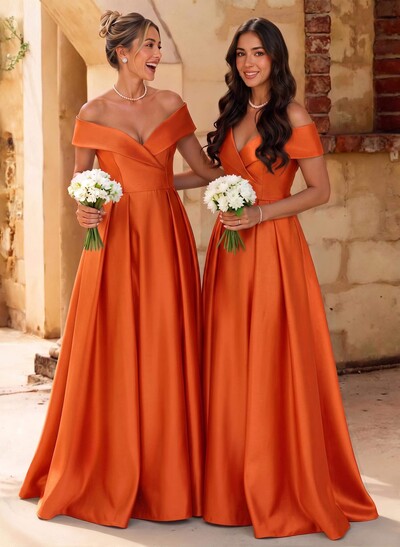 A-Line Off-The-Shoulder Floor-Length Satin Bridesmaid Dresses With Split Front
