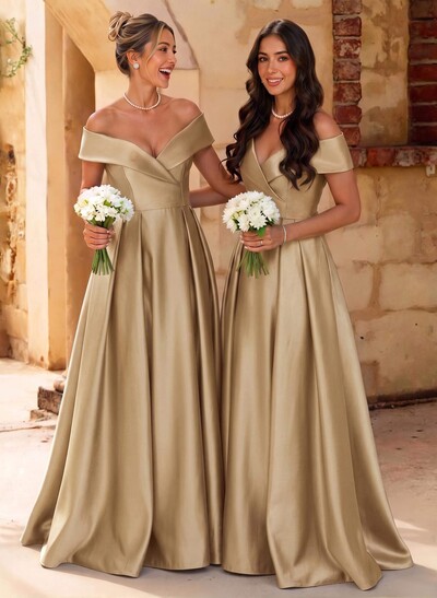 A-Line Off-The-Shoulder Floor-Length Satin Bridesmaid Dresses With Split Front