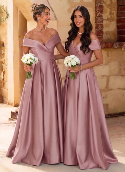 A-Line Off-The-Shoulder Floor-Length Satin Bridesmaid Dresses With Split Front