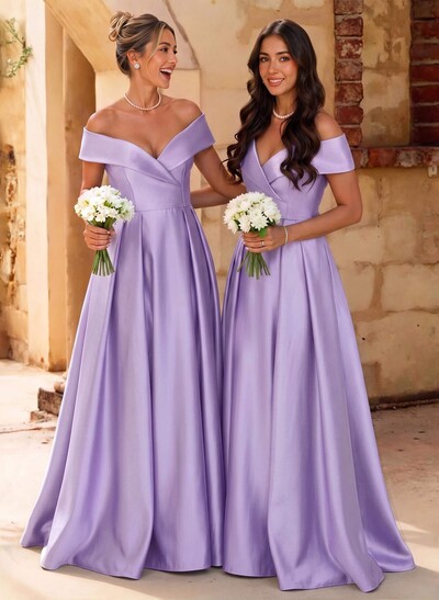 A-Line Off-The-Shoulder Floor-Length Satin Bridesmaid Dresses With Split Front