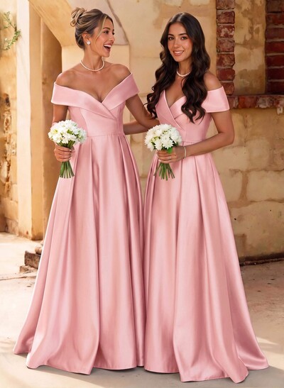 A-Line Off-The-Shoulder Floor-Length Satin Bridesmaid Dresses With Split Front
