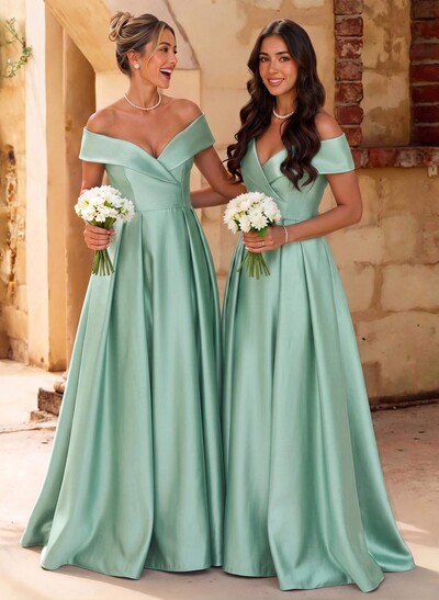 A-Line Off-The-Shoulder Floor-Length Satin Bridesmaid Dresses With Split Front