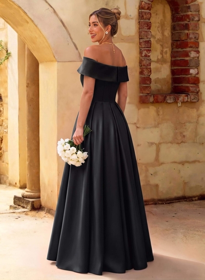 A-Line Off-The-Shoulder Floor-Length Satin Bridesmaid Dresses With Split Front